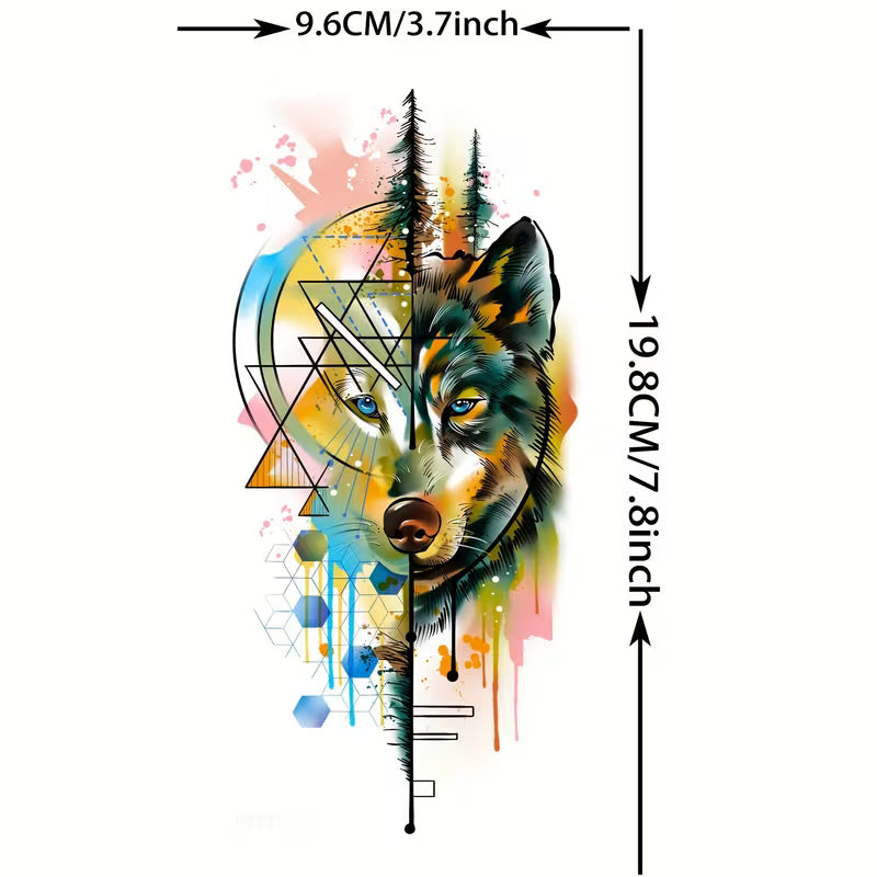 TATUAJE TEMPORAL LOBO GEOMETRICO COLOR