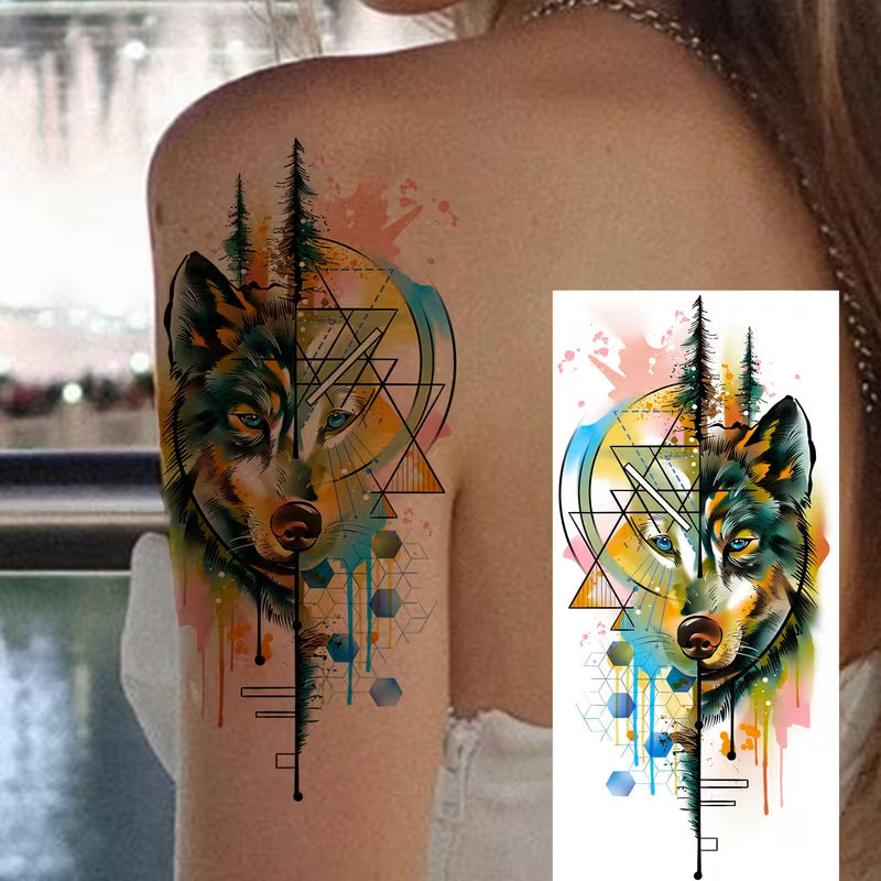 TATUAJE TEMPORAL LOBO GEOMETRICO COLOR