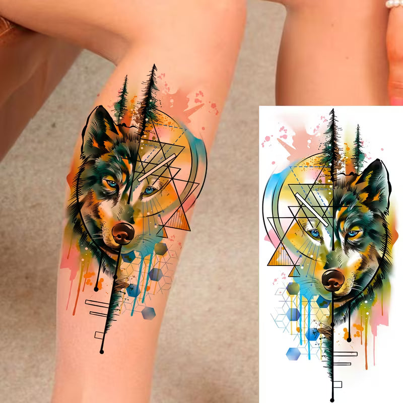 TATUAJE TEMPORAL LOBO GEOMETRICO COLOR