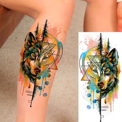 TATUAJE TEMPORAL LOBO GEOMETRICO COLOR