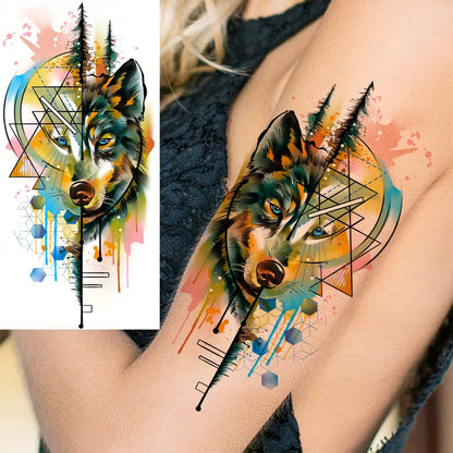 TATUAJE TEMPORAL LOBO GEOMETRICO COLOR